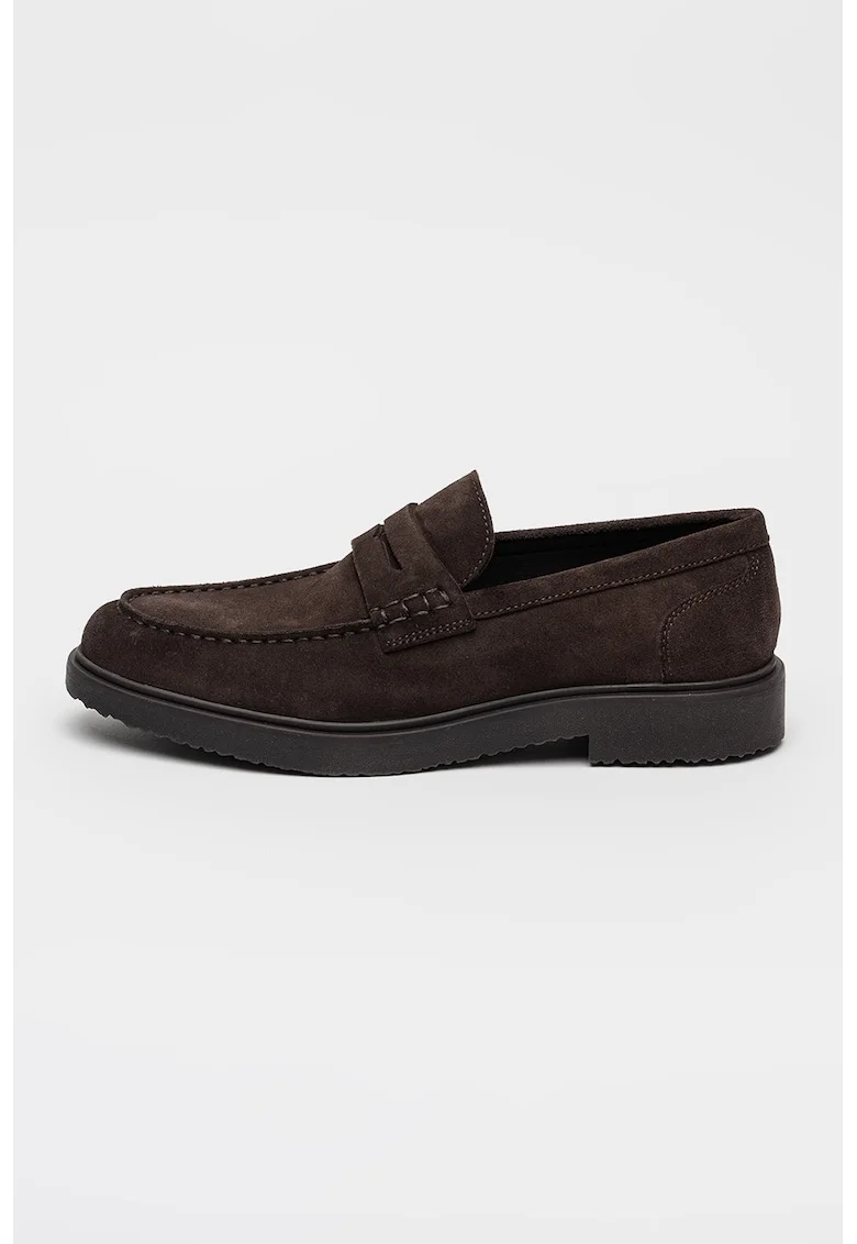 Pantofi loafer de piele intoarsa cu varf rotund, Maro inchis