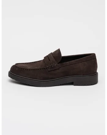Pantofi loafer de piele intoarsa cu varf rotund, Maro inchis
