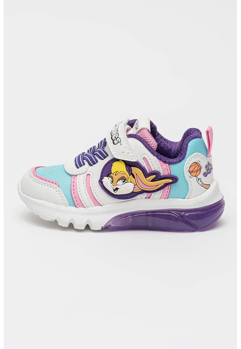 Pantofi sport cu LED-uri si Loney Tunes, Alb/Turcoaz/Roz