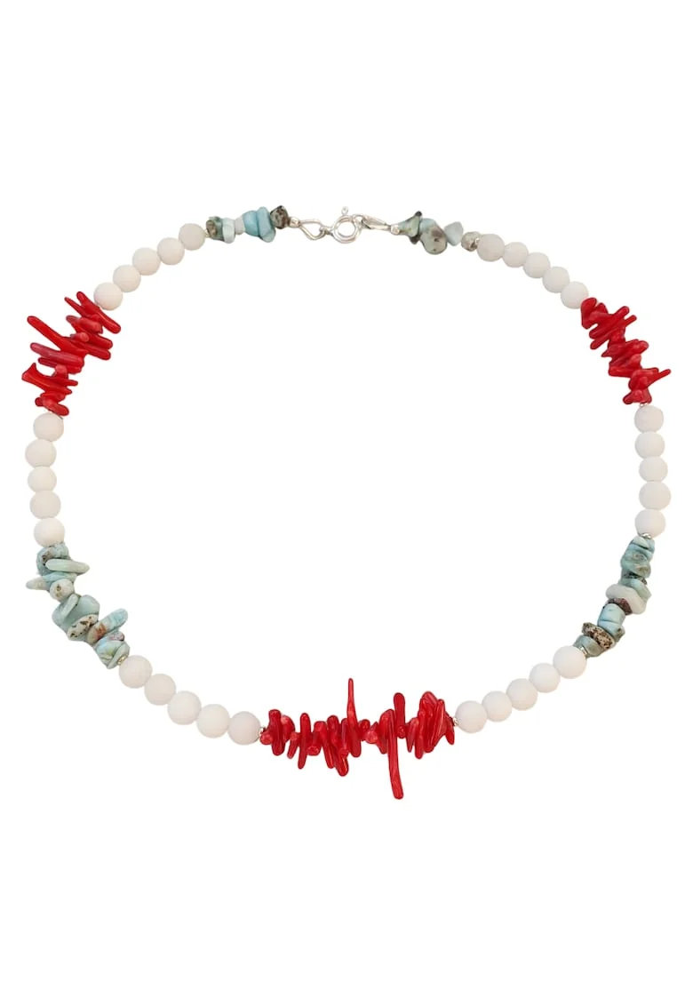 Colier din coral, larimar si pietre de jad alb cu argint 925, 40 cm