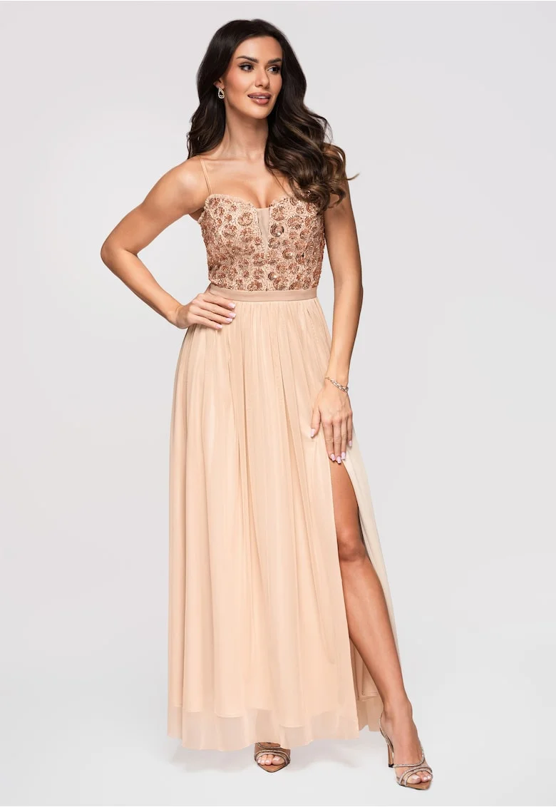 Rochie maxi eleganta de seara cu guler tip corset si aplicatii LA-OM-DLR339, Auriu,