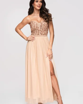 Rochie maxi eleganta de seara cu guler tip corset si aplicatii LA-OM-DLR339, Auriu,