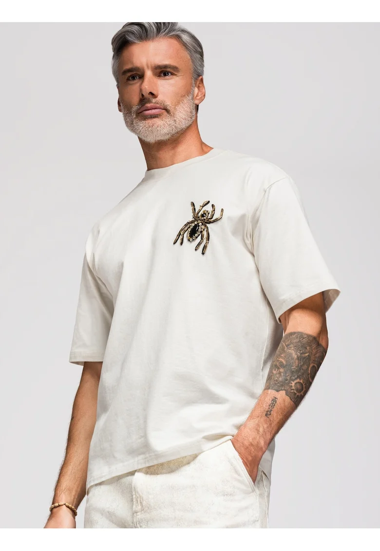 Tricou barbati loose fit cu aplicatie decorativa paianjen, decolteu rotund, mansete scurte OM-TSCT-0277, Alb murdar