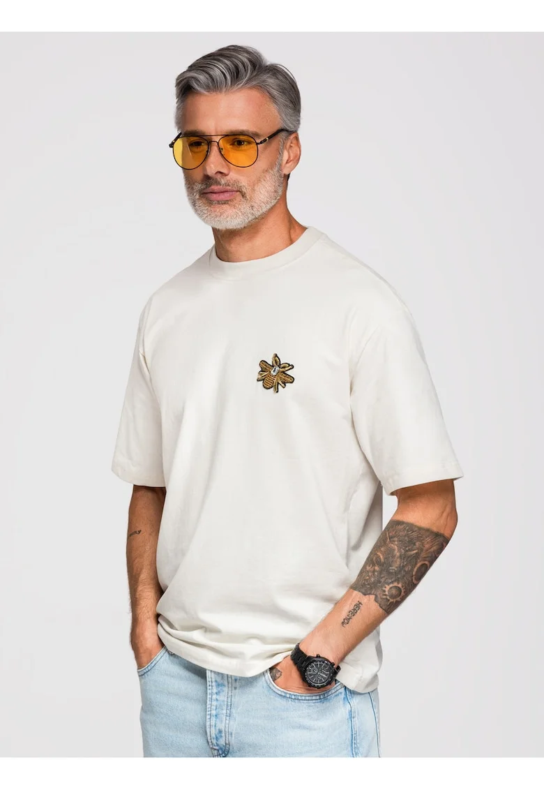 Tricou barbati loose fit cu aplicatie decorativa, decolteu rotund, material jersey OM-TSCT-0275, Alb murdar