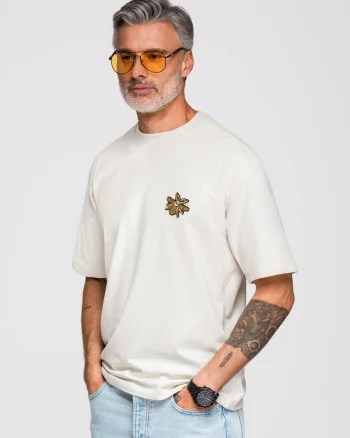 Tricou barbati loose fit cu aplicatie decorativa, decolteu rotund, material jersey OM-TSCT-0275, Alb murdar