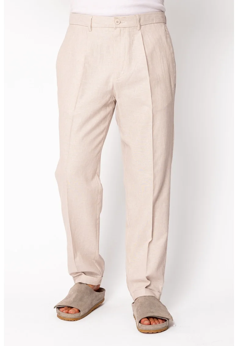 Pantaloni lungi din IN cu nasture si tiv intors Beige 22364, Bej