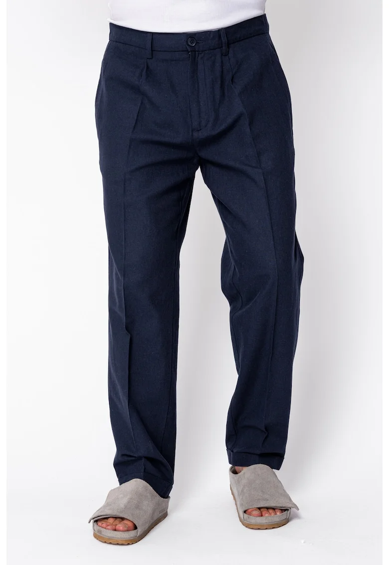 Pantaloni lungi din IN cu nasture si tiv intors Navy 22359, Bleumarin