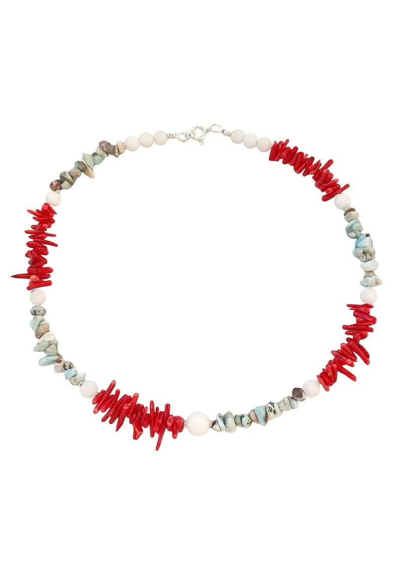 Colier din pietre de larimar, coral rosu si jad alb cu argint 925, 40 cm