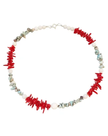 Colier din pietre de larimar, coral rosu si jad alb cu argint 925, 40 cm