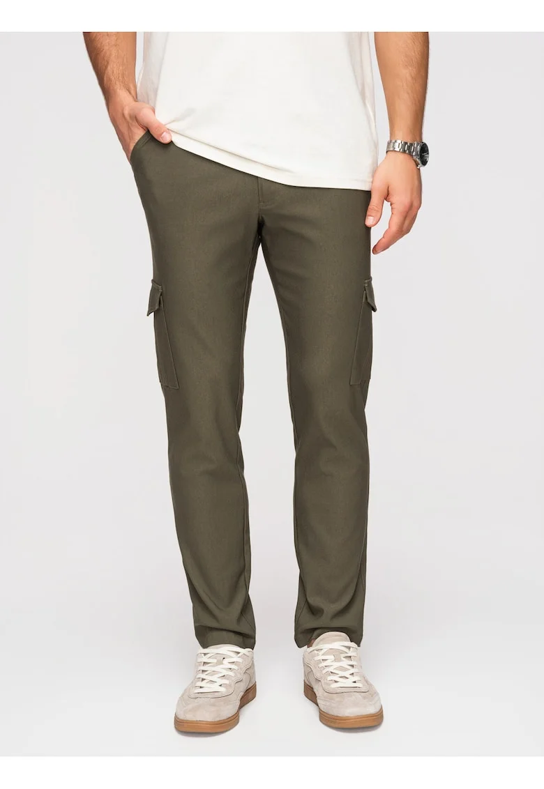 Pantaloni Cargo Barbati, Croiala Regular, Material Elastic,, Verde masliniu inchis