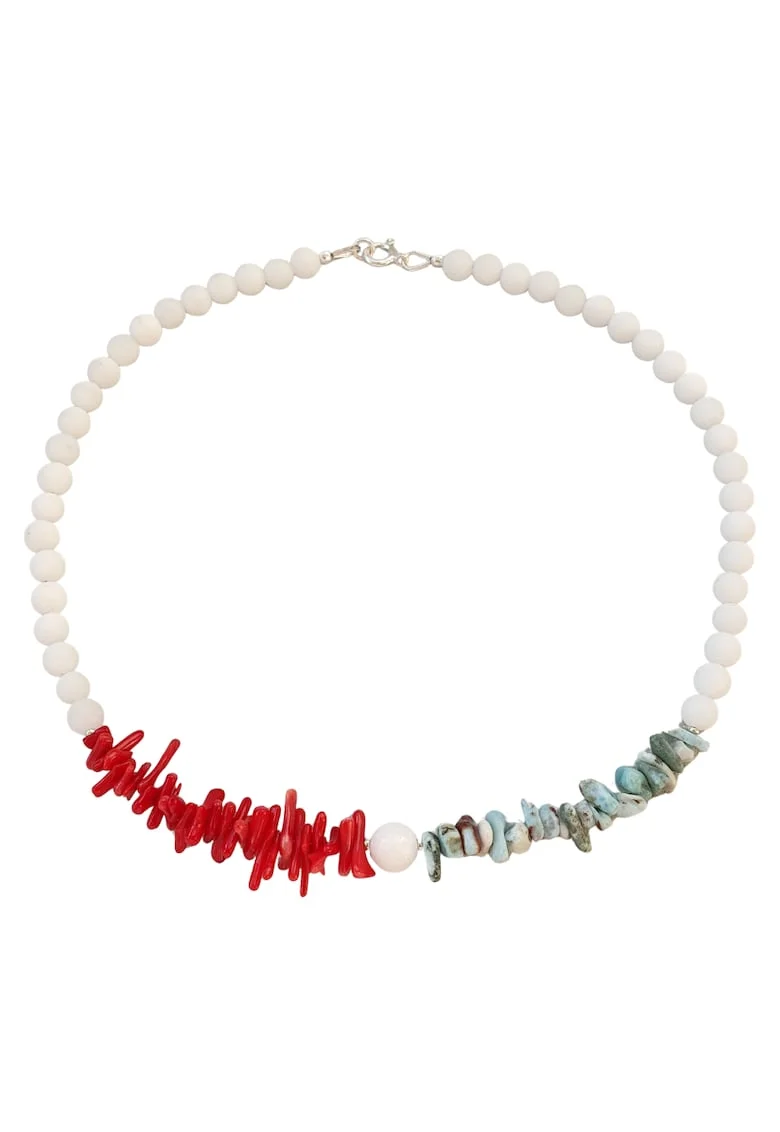 Colier din pietre de jad alb, larimar si coral rosu cu argint 925, 40 cm