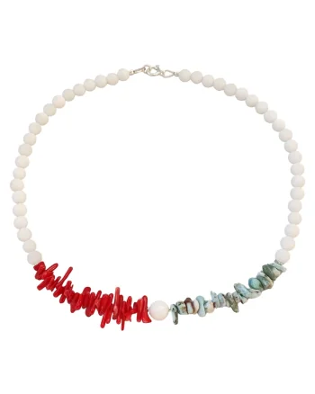 Colier din pietre de jad alb, larimar si coral rosu cu argint 925, 40 cm