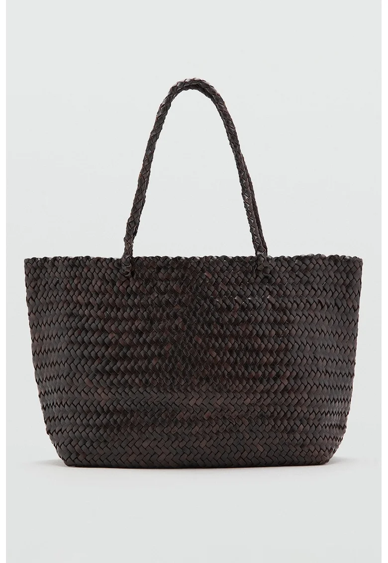 Geanta shopper de piele cu aspect impletit, Maro pamantiu