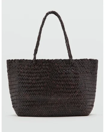 Geanta shopper de piele cu aspect impletit, Maro pamantiu