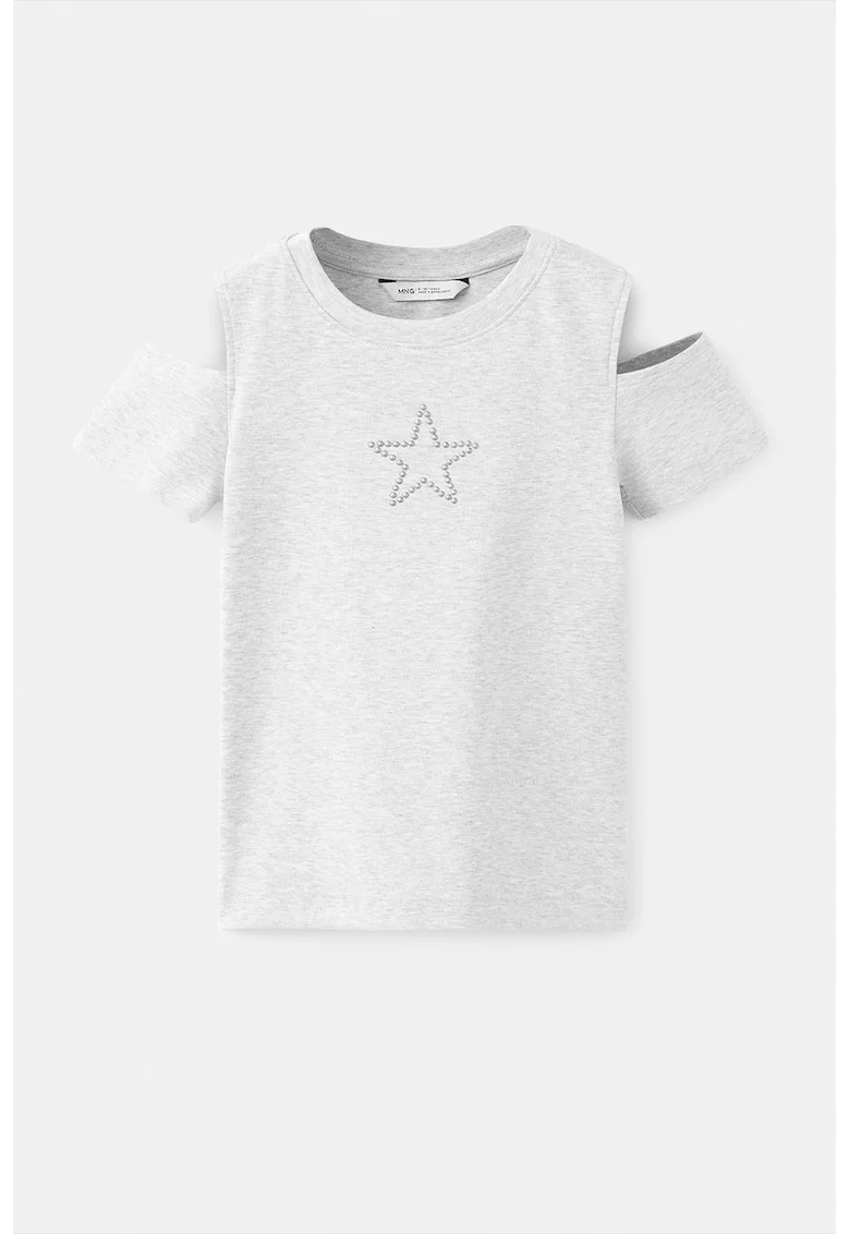 Tricou de bumbac cu decolteu la baza gatului, Gri deschis melange