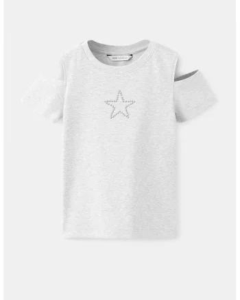 Tricou de bumbac cu decolteu la baza gatului, Gri deschis melange