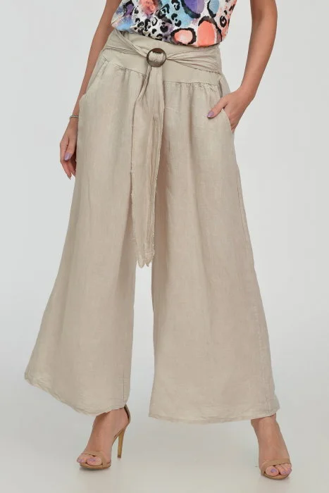 Pantaloni drepi, largi, de vara, din in, cu accesoriu de lemn, bej