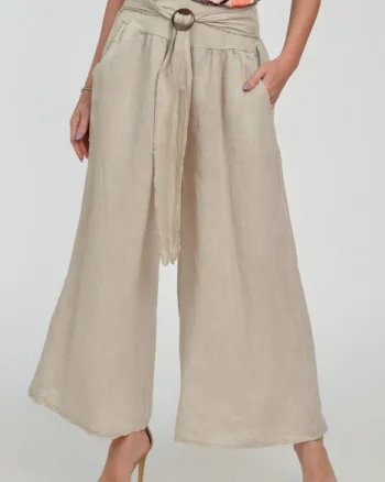 Pantaloni drepi, largi, de vara, din in, cu accesoriu de lemn, bej