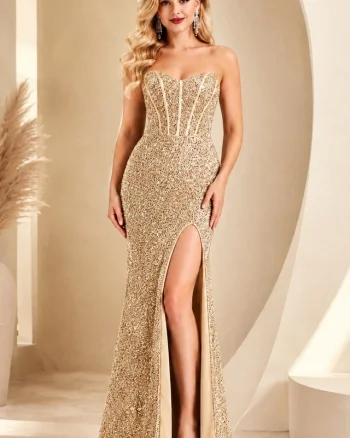 Rochie de ocazie Florense, cu paiete stralucitoare si corset reglabil, Gold