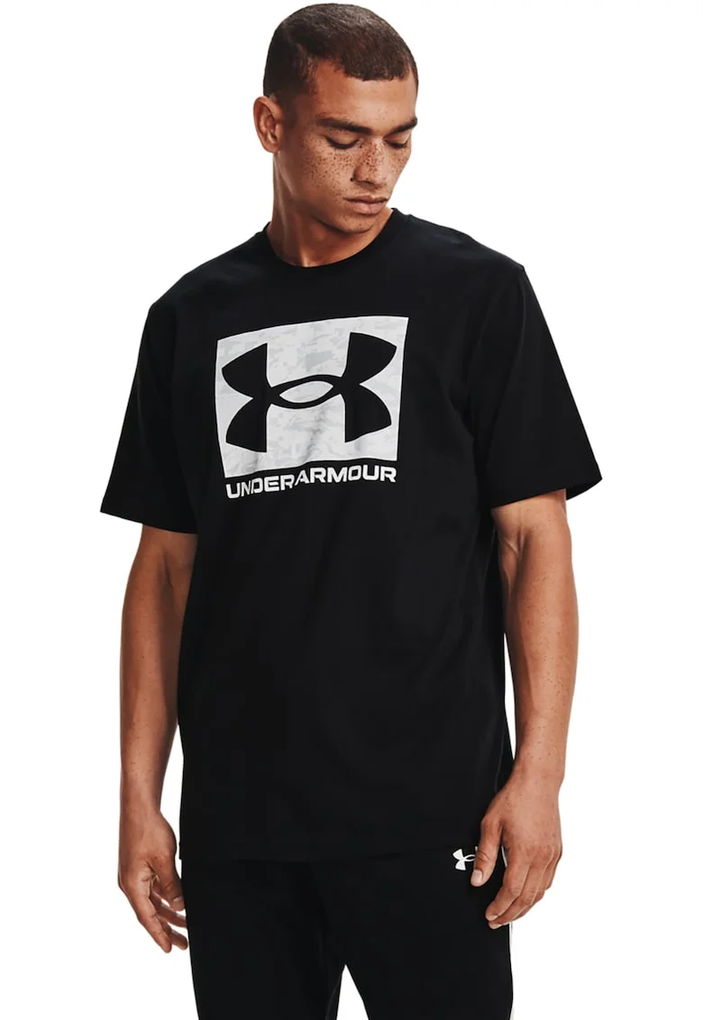 Tricou cu decolteu rotund si logo ABC Camo, Alb/Negru