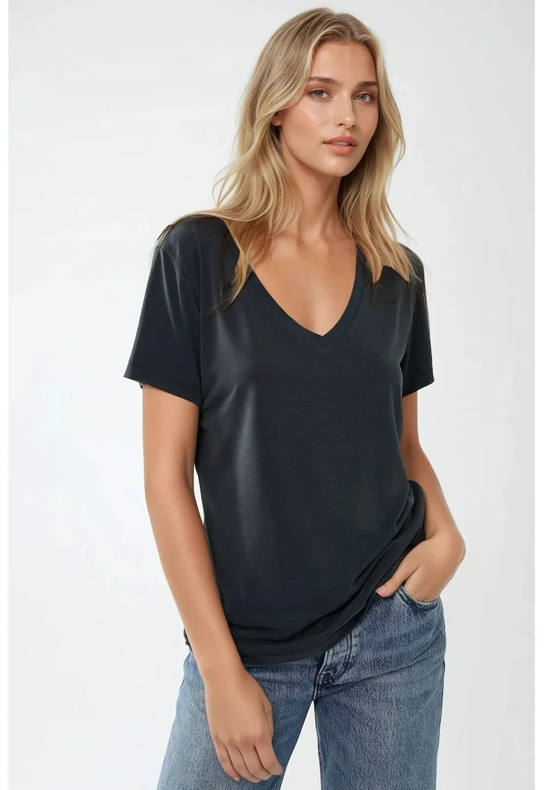 Tricou dama,  tricotat, guler rotund, croiala lejera, gri carbune, jerseu