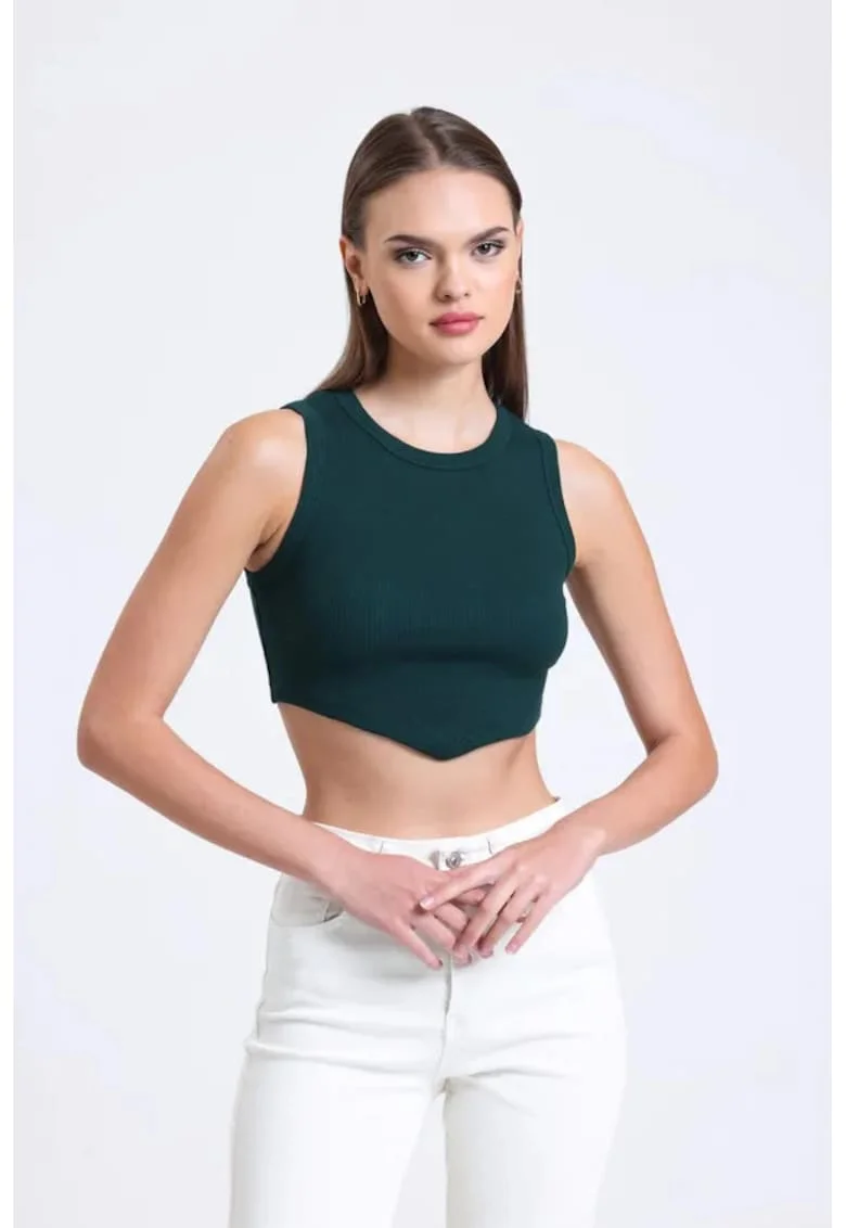 Top scurt,  guler rotund, forma de V, verde, textil
