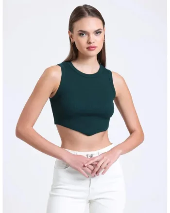 Top scurt,  guler rotund, forma de V, verde, textil