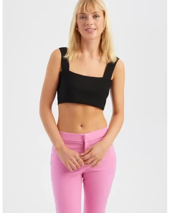 Top,  top decolteu patrat, material textil, Negru