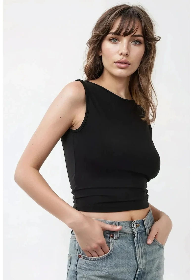 Top scurt slim fit,  decolteu tip barca, detaliu la spate, negru, jerseu
