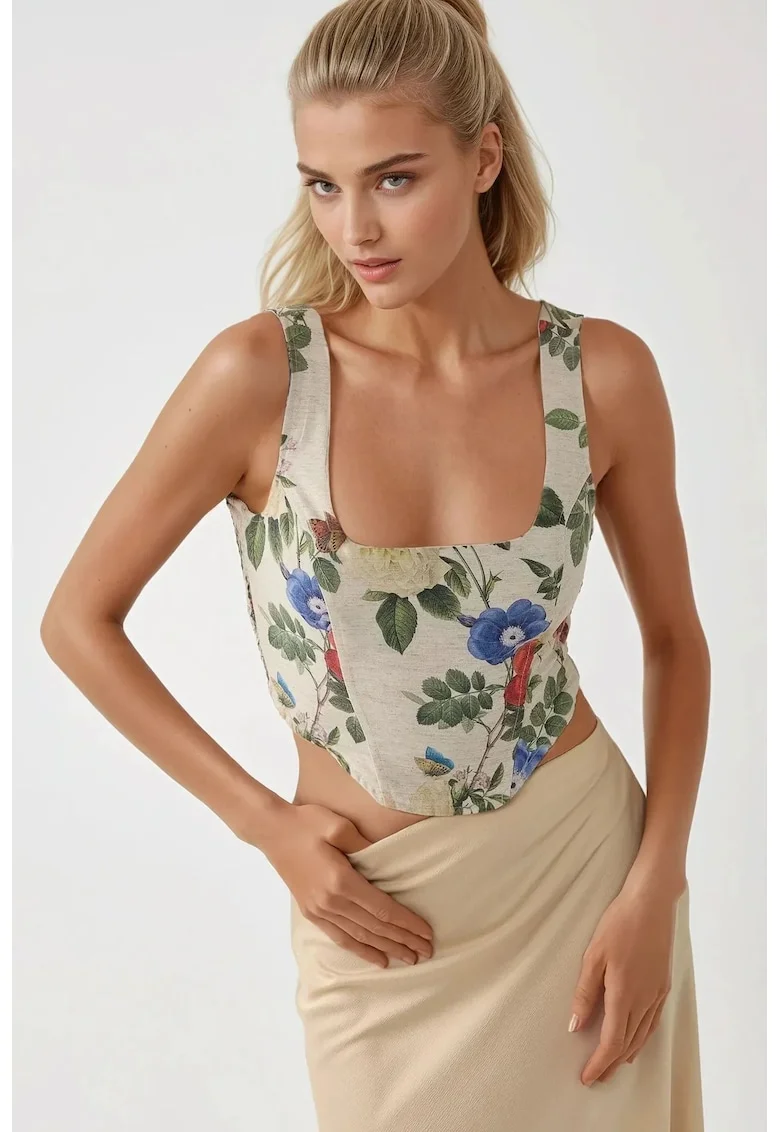 Top scurt,  guler patrat, imprimeu floral, multicolor, textil