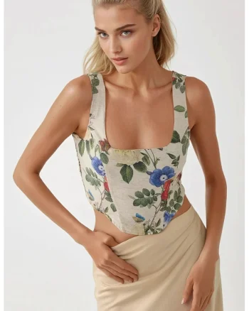 Top scurt,  guler patrat, imprimeu floral, multicolor, textil
