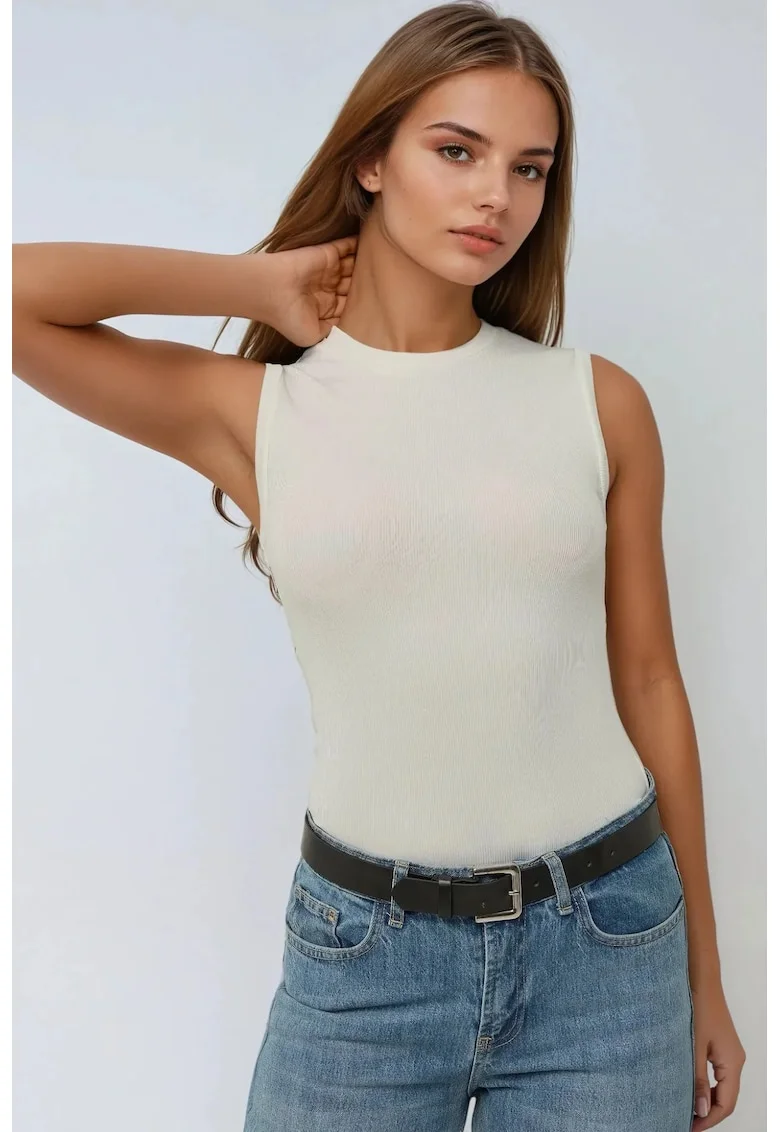 Top Basic Fitted  guler rotund, alb, jerseu