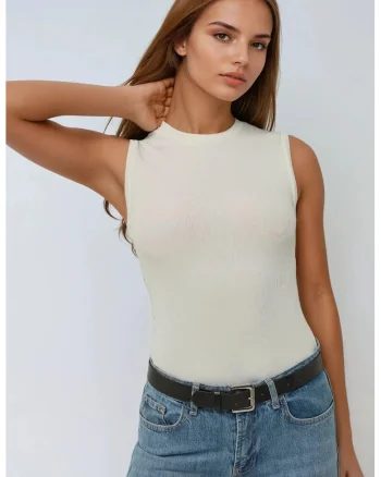 Top Basic Fitted  guler rotund, alb, jerseu
