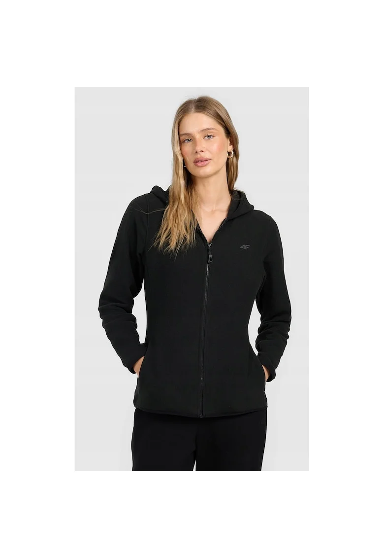 Hanorac sport dama,  polar slim cu gluga, negru, material subtire, 2 buzunare cu fermoar