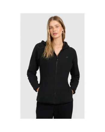 Hanorac sport dama,  polar slim cu gluga, negru, material subtire, 2 buzunare cu fermoar