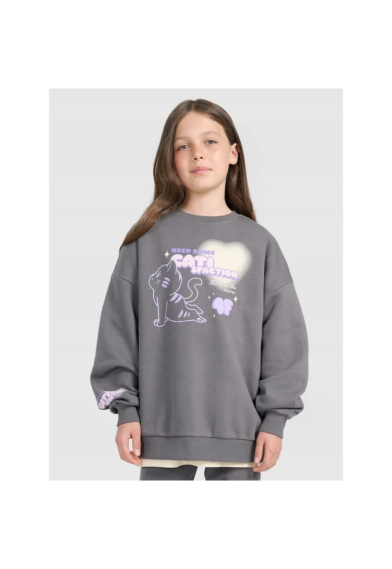 Hanorac  pentru fete, oversize, gri, bumbac, fara gluga, fara inchidere,