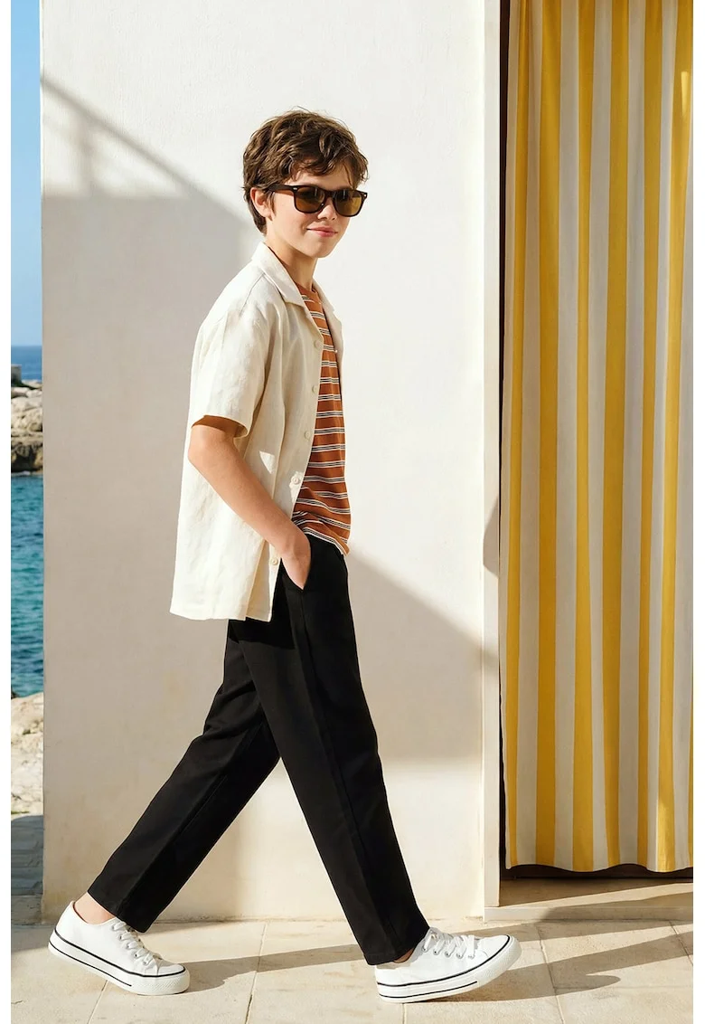 Pantaloni din amestec de in cu snur, Negru