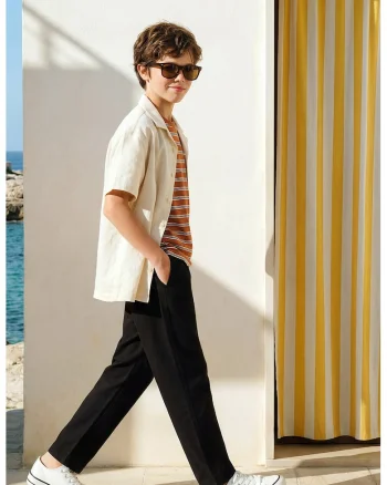 Pantaloni din amestec de in cu snur, Negru