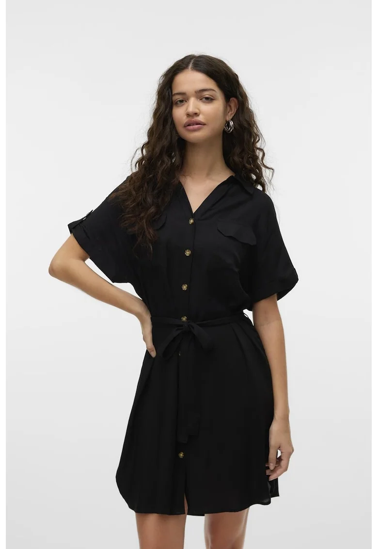 Rochie cu nasturi si maneci scurte, Negru
