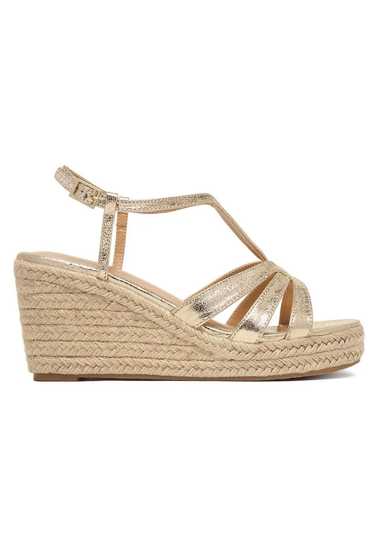 Sandale dama  espadrile aurii, talpa tip pana, inchidere cu catarama, material textil,