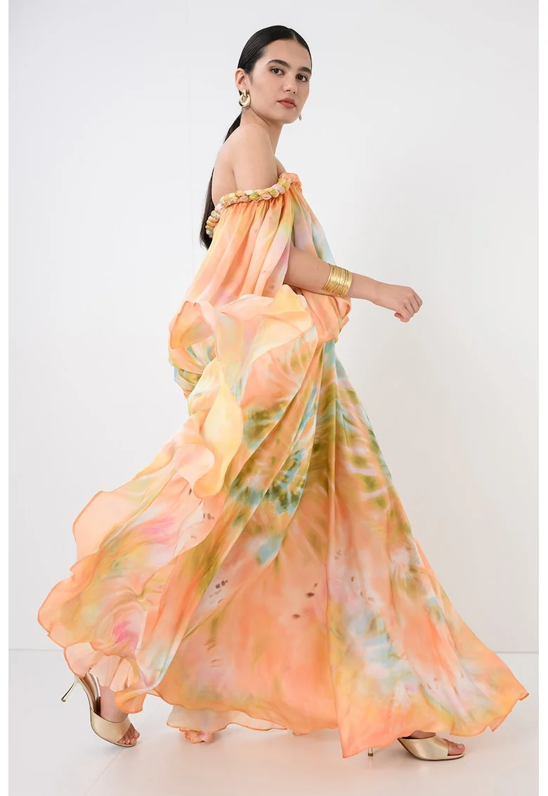 Rochie lunga din matase cu decolteu pe un umar Luna, Multicolor