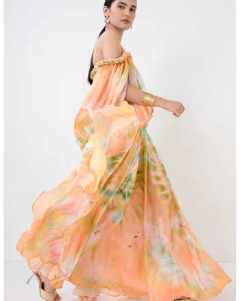 Rochie lunga din matase cu decolteu pe un umar Luna, Multicolor