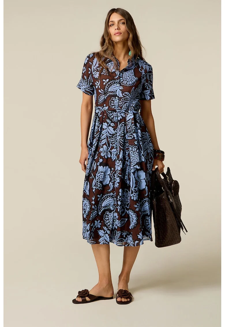 Rochie-camasa midi din bumbac, Maro/Albastru