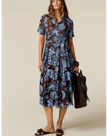Rochie-camasa midi din bumbac, Maro/Albastru