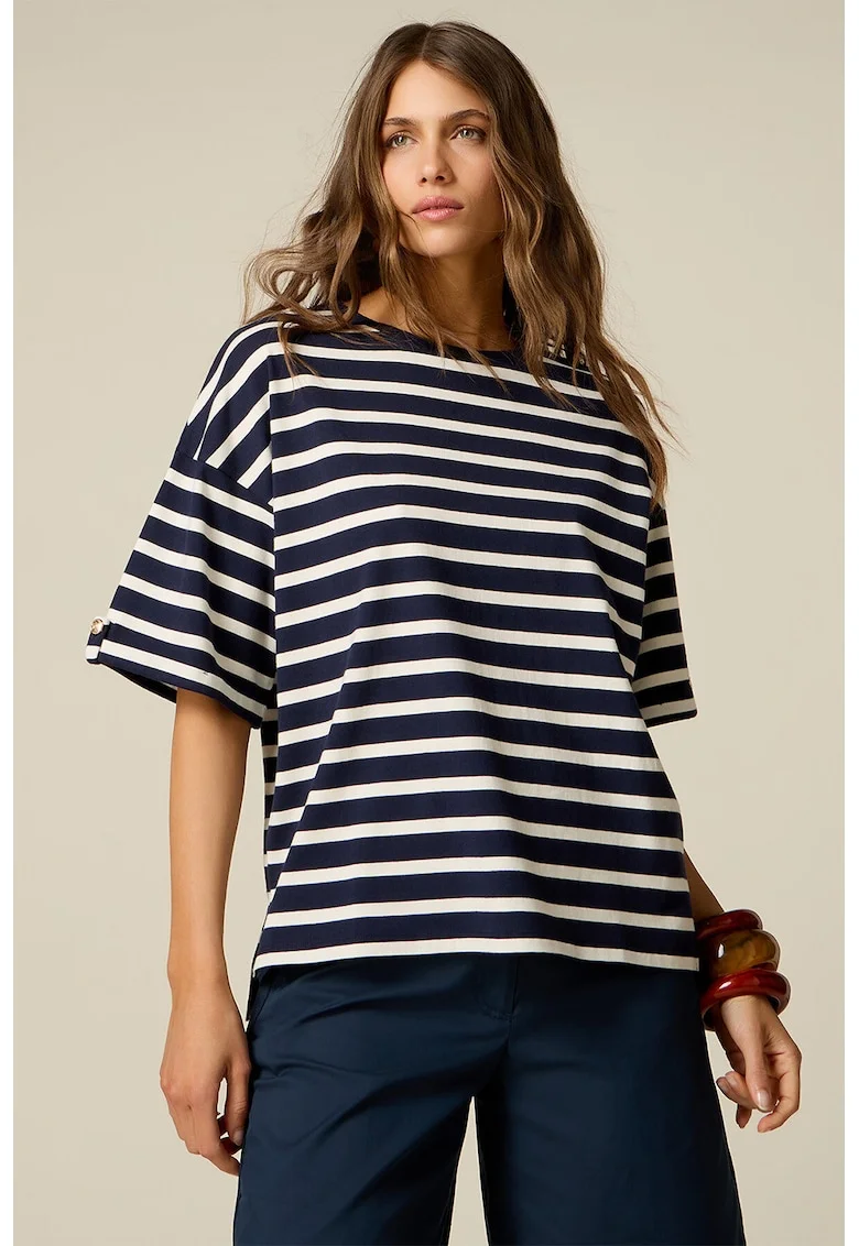 Tricou supradimensionat cu dungi, Alb/Bleumarin