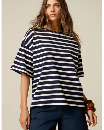 Tricou supradimensionat cu dungi, Alb/Bleumarin