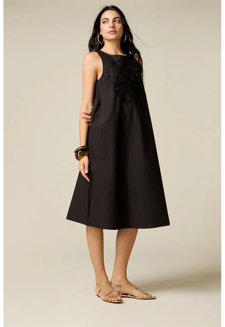 Rochie evazata cu broderie florala, Negru