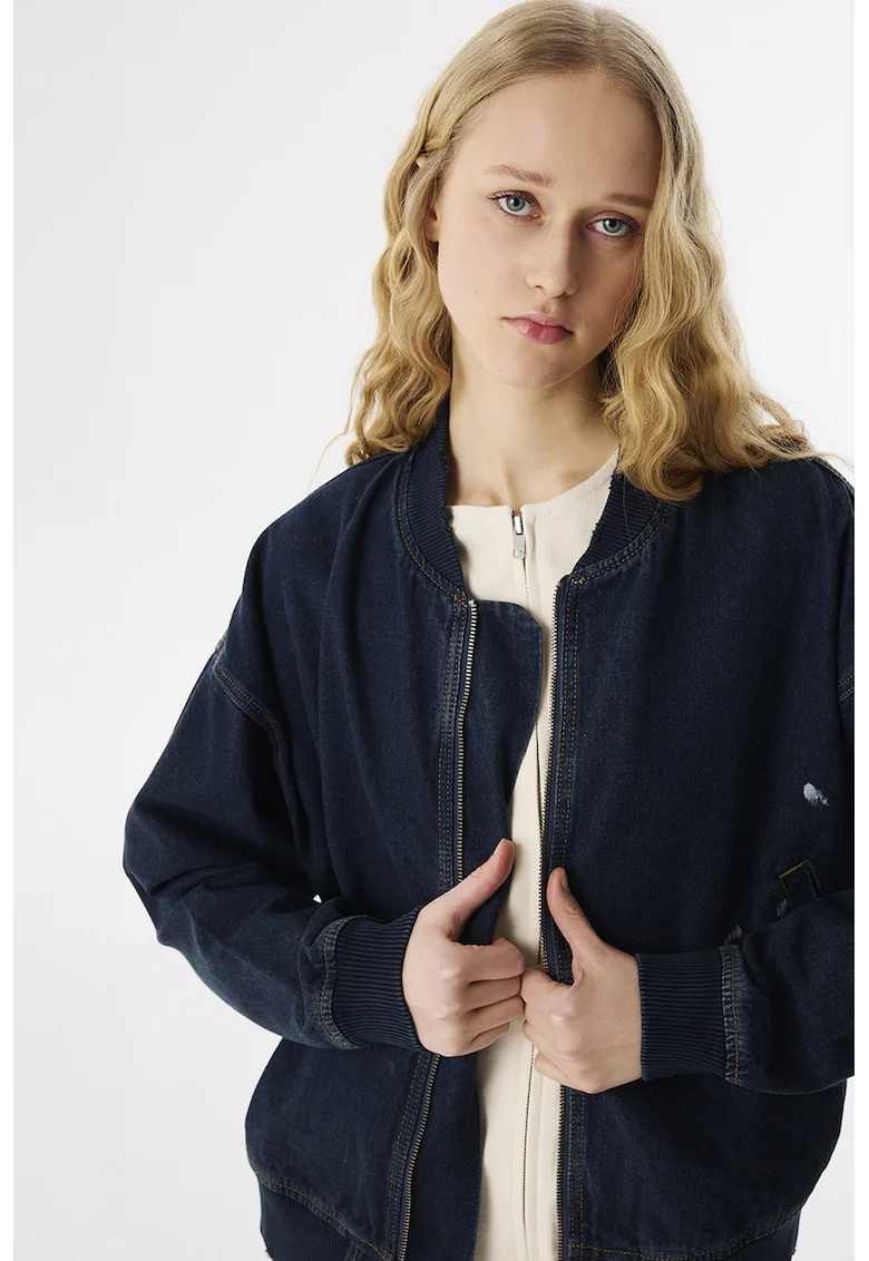 Jacheta bomber supradimensionata din denim, Albastru ultramarin