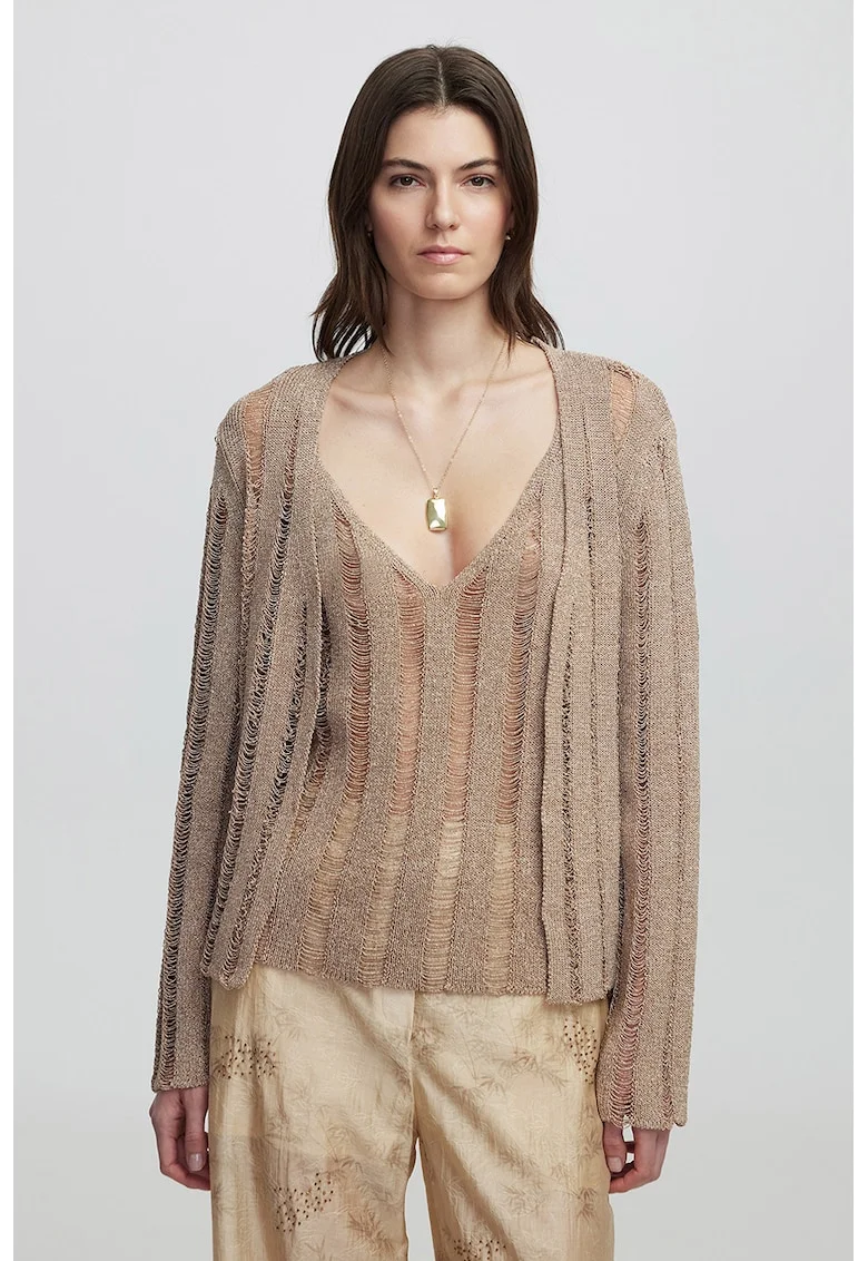 Cardigan fara inchidere cu aspect deteriorat, Maro deschis