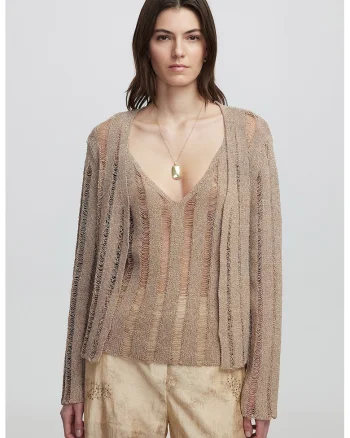 Cardigan fara inchidere cu aspect deteriorat, Maro deschis